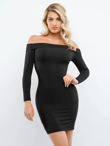 Popilush Shapewear Long Sleeve Off-the-Shoulder Bodycon Mini Dress